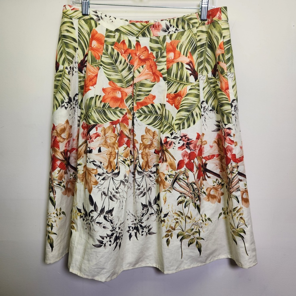 Talbots Linen Cotton Pleated Midi Skirt 12P Floral Lined Knee Length Back Zip‎